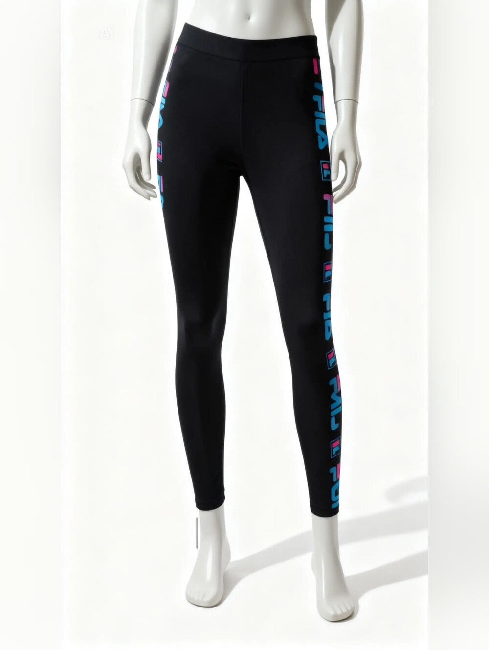 FILA Black Leggings with Blue & Pink Logo Stripe Y2K Style